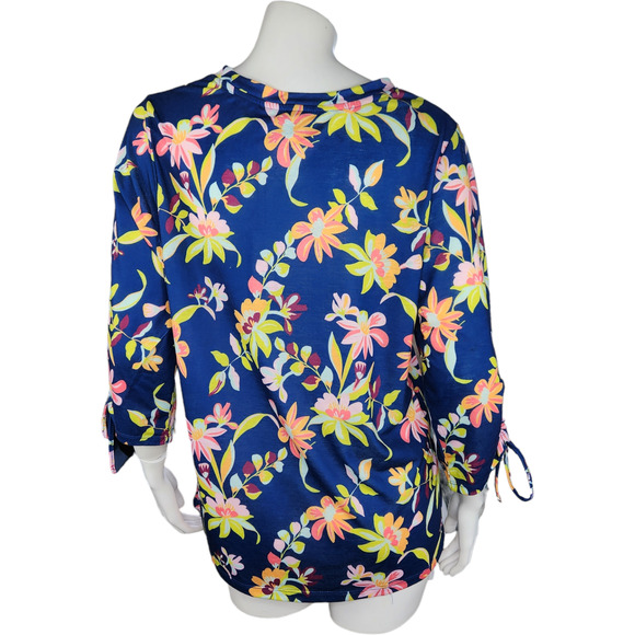 Caribbean Joe Women's Large Blue Floral Blouse 3/4 Sleeves Tie Detail NWT Cruise - Picture 9 of 15